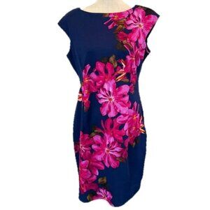 Elegant Blue Dress with Pink Floral Design